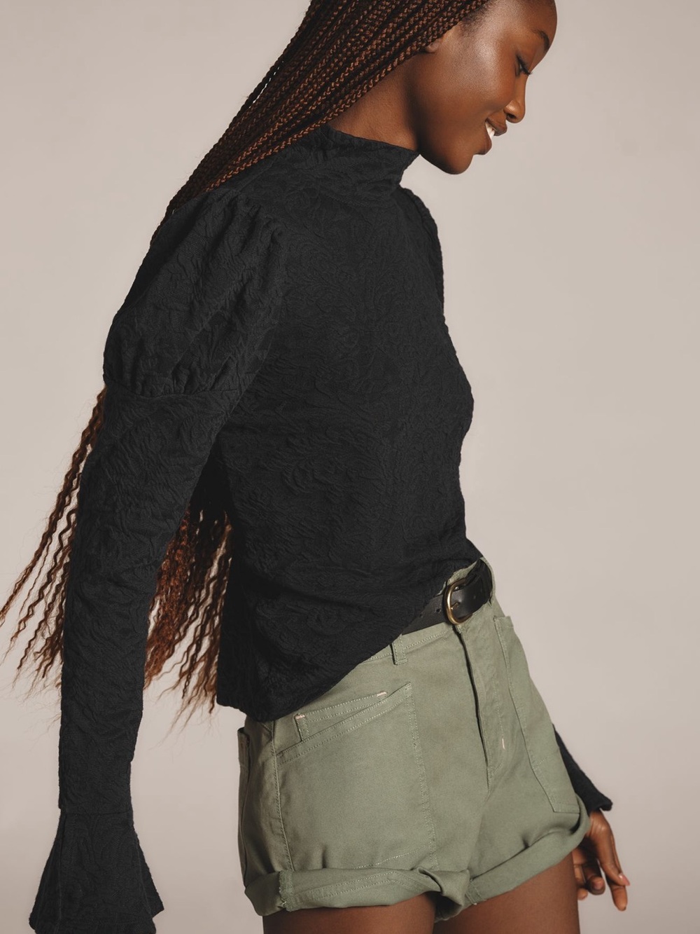 By Anthropologie Puff-Sleeve Turtleneck Jacquard Top Black Size S